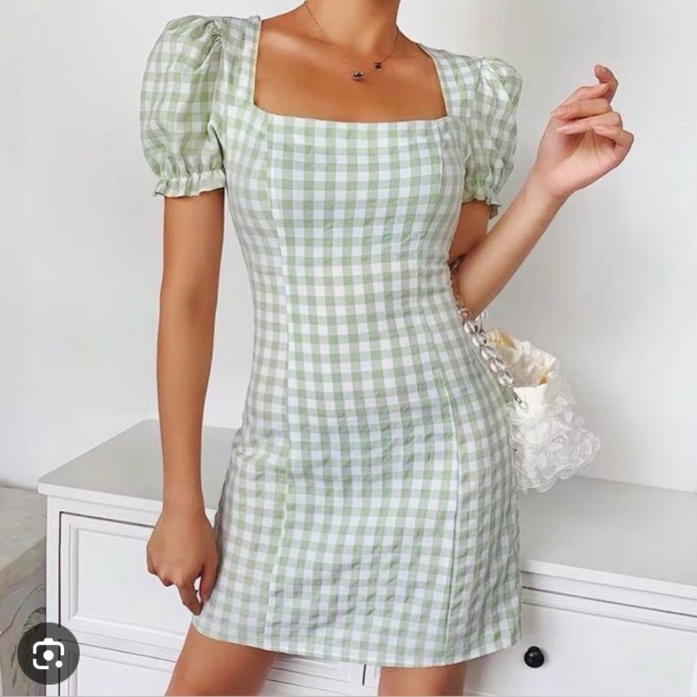 Green Mini Gingham Puff Sleeve Dress